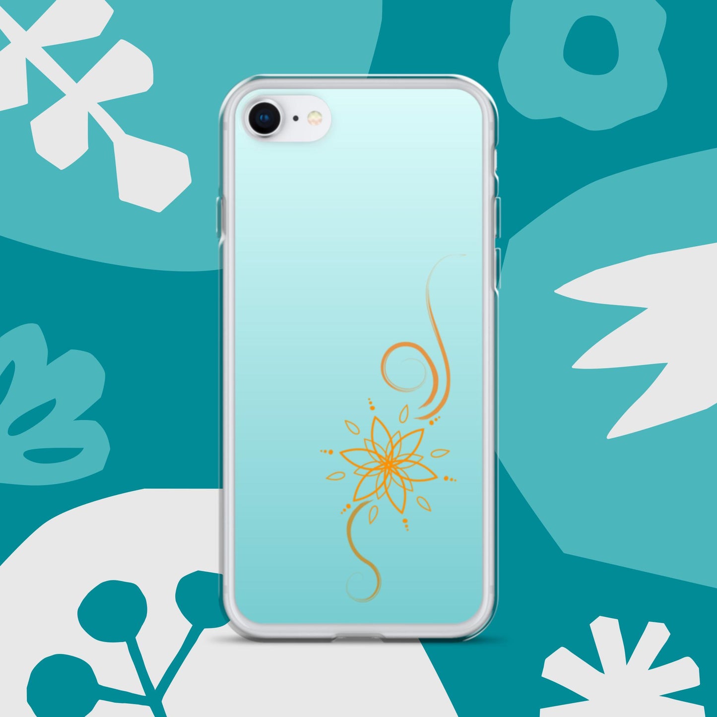 Bohemian Bloom: Vibrant Orange Mandala on Celeste Blue Case for iPhone®