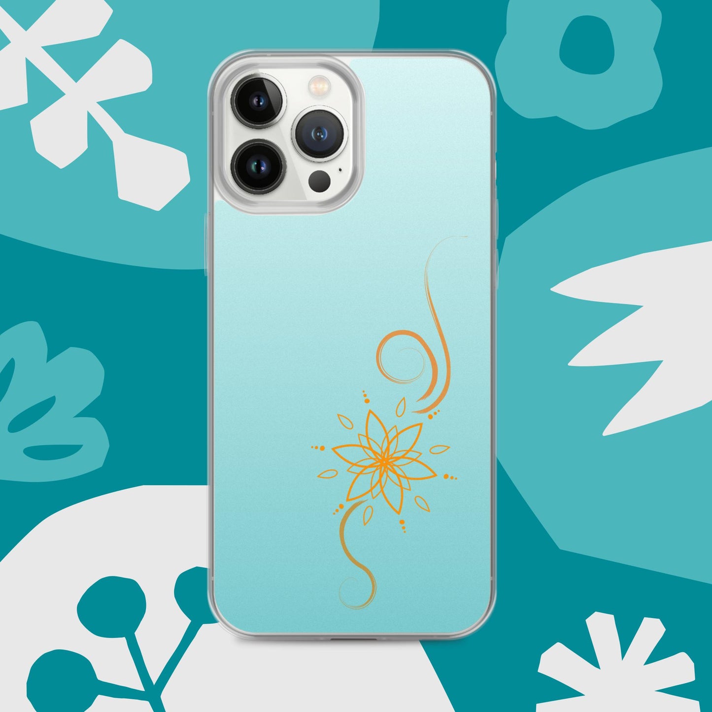 Bohemian Bloom: Vibrant Orange Mandala on Celeste Blue Case for iPhone®